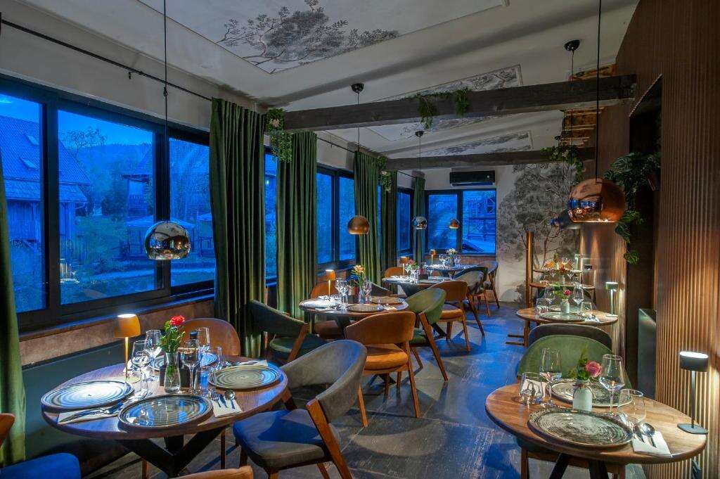 Traditional restaurant interior with wooden beams and warm lighting